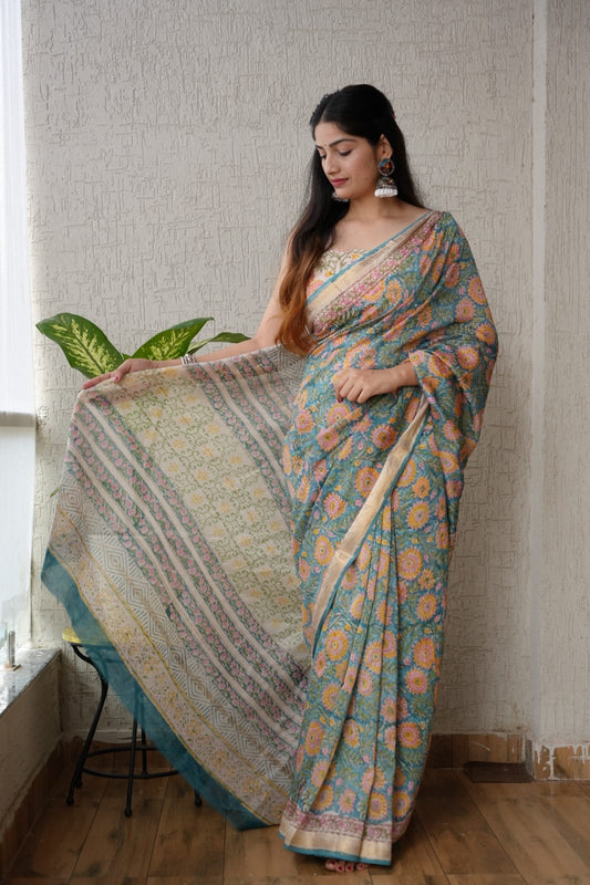 New Designer Hand Block Print Maheshwari Silk Saree (BFMSARE42)