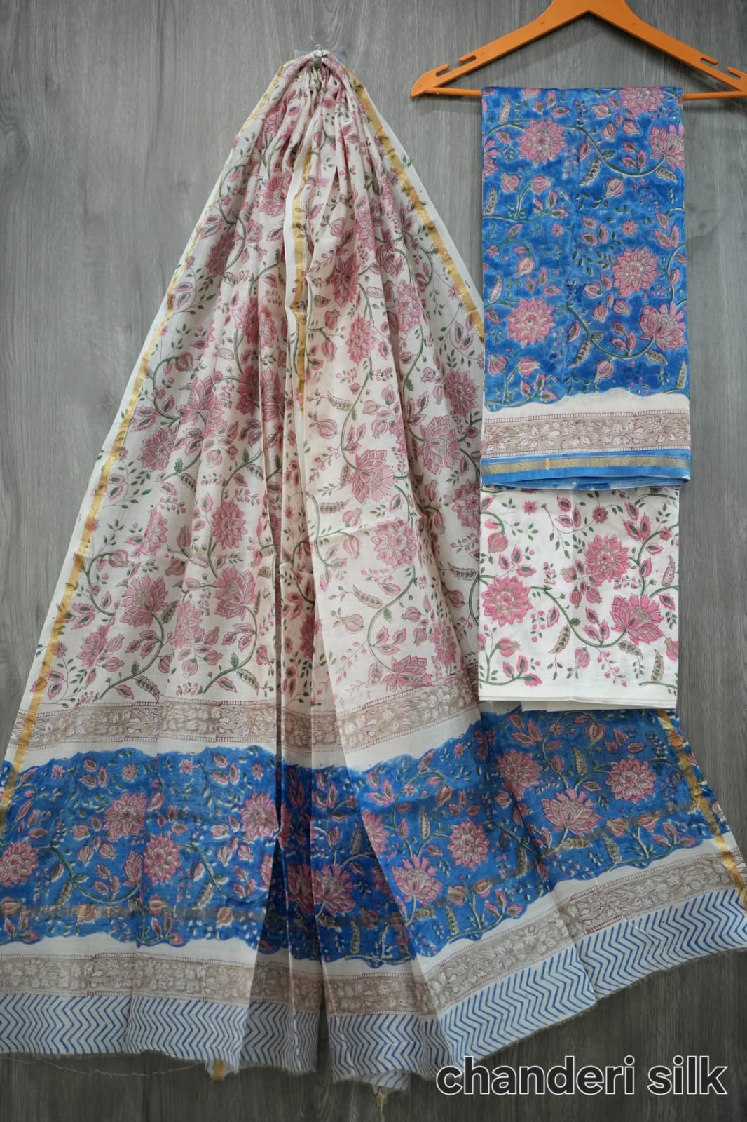Sky Blue & Pink Lotus Floral Hand Block Print Chanderi Silk Dress Material (BFCHS12)