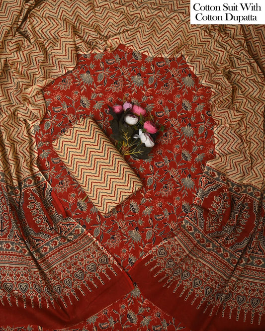 Exclusive Hand Block Cotton Suit With Cotton Dupatta(BFCOT183)
