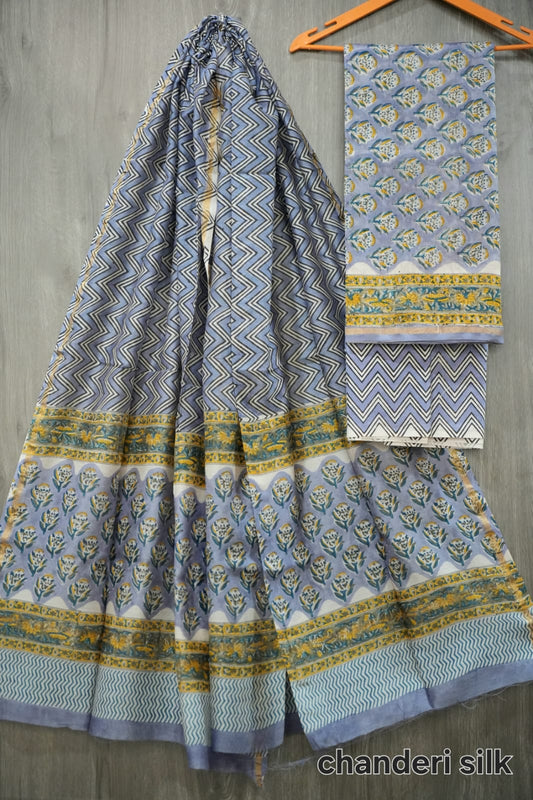 Lavender Blue & Yellow Hand Block Print Chanderi Silk Suit Material |(BFCHS03)