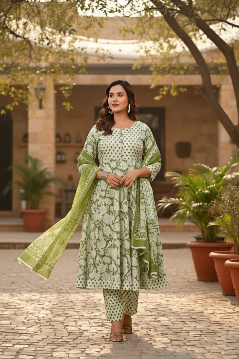 Green Cotton Printed Kurta Pant Dupatta Set for Women