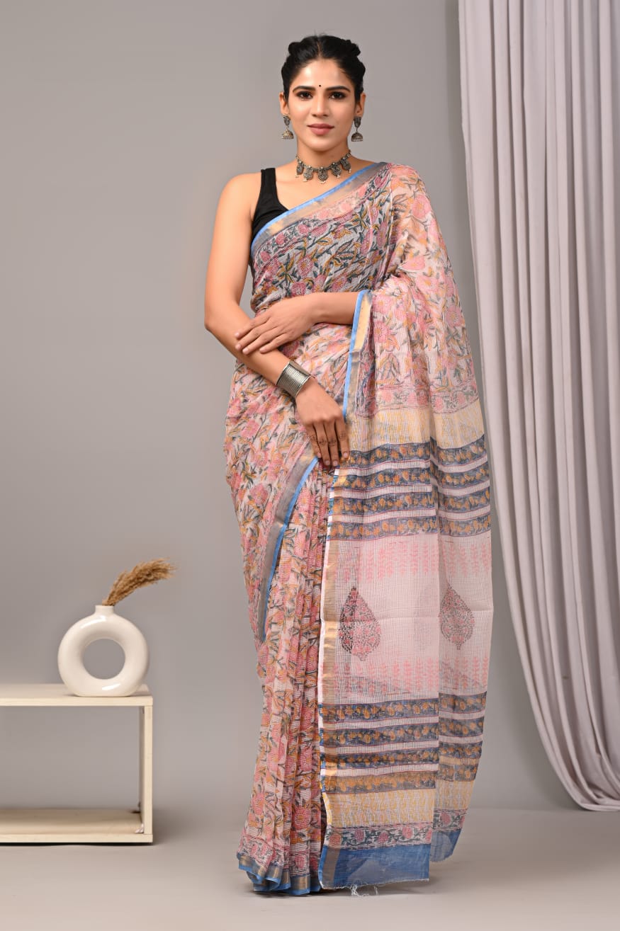 Ivory Pink Blue Kota Doriya Saree | Floral Hand Block Print | Pigment Special (BSFS49)
