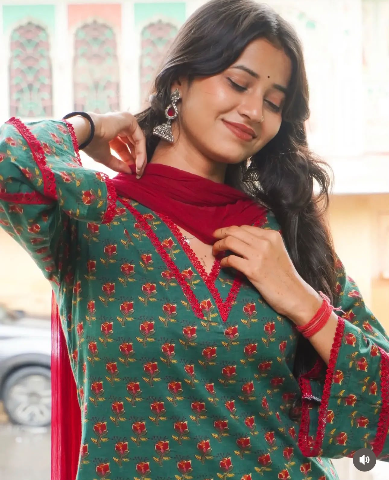 Teal Green Floral Block Print Cotton Farshi Salwar Suit Set with Red Dupatta