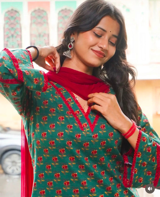 Teal Green Floral Block Print Cotton Farshi Salwar Suit Set with Red Dupatta