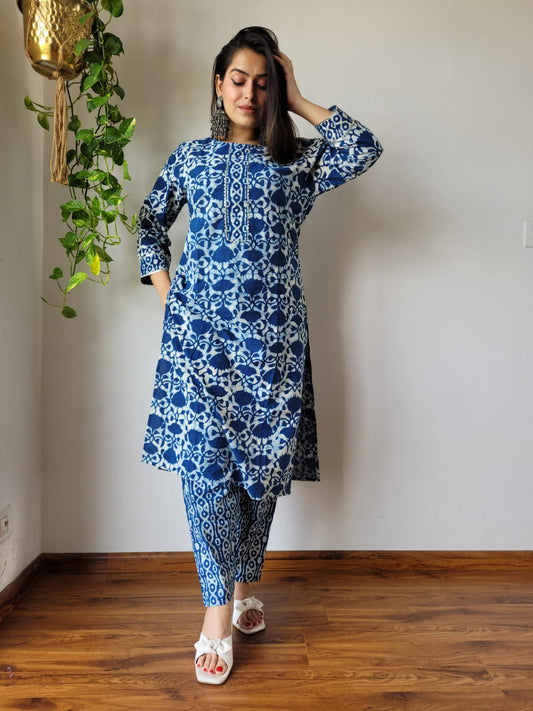 Indigo Printed Cotton Kurta Pant Set for Women | Stylish Daily Wear Ethnic