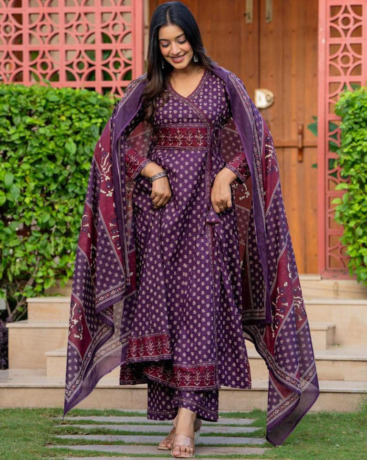 Wine Purple Angrakha Style Cotton Kurta Set with Dupatta