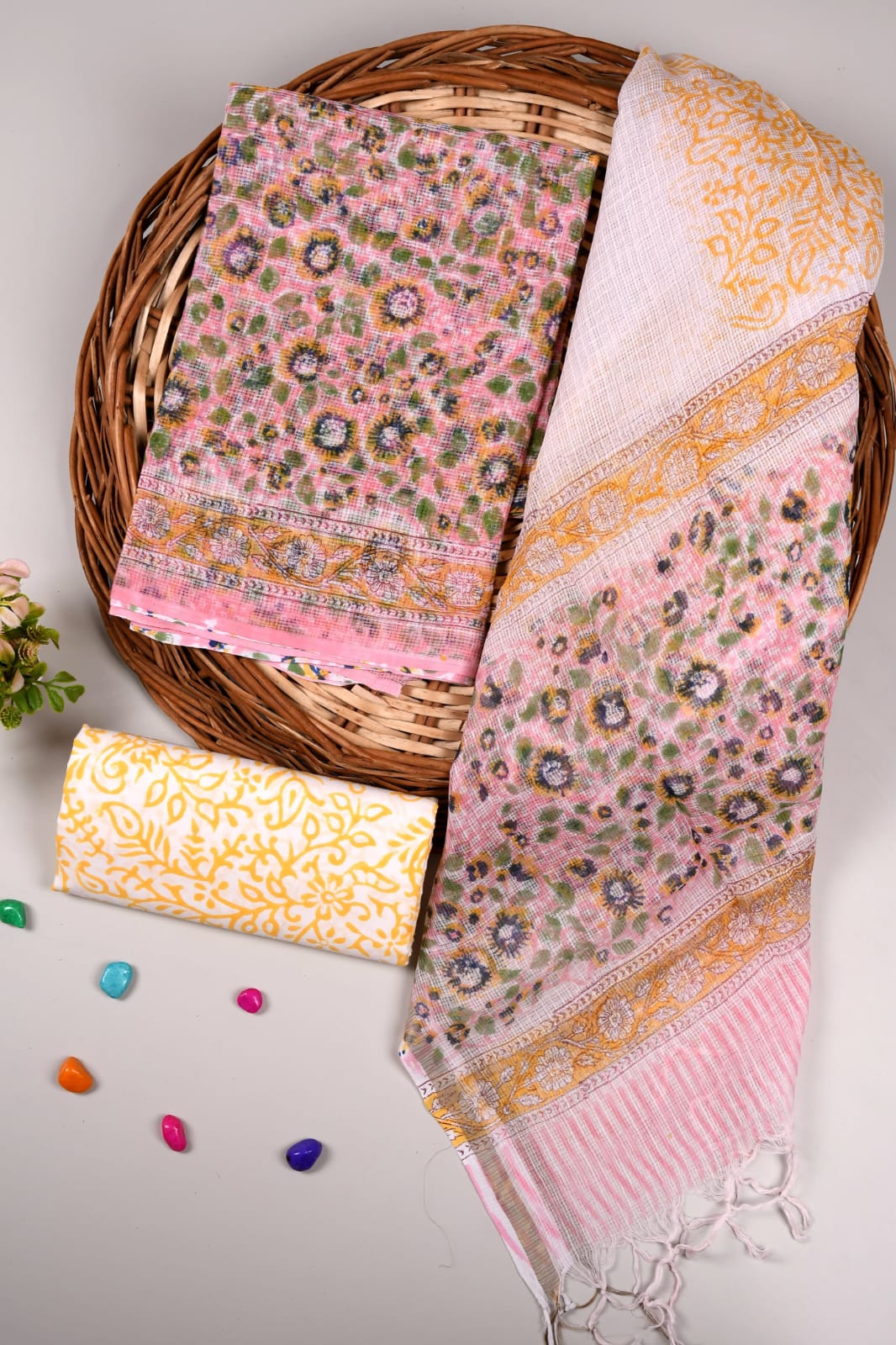 Yellow Floral Printed kota doriya Suit Set (BFFKO13)