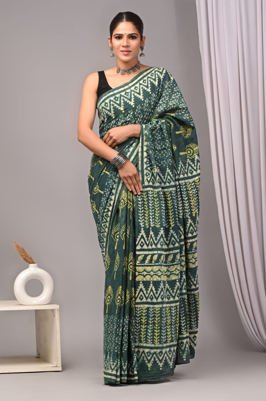 Traditional Authentic Hand Block Printed Pure Organic Cotton Sarees With matching Blouse
