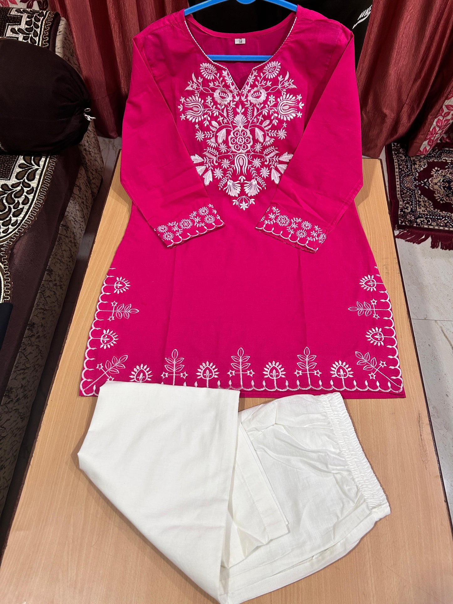 Pink Cotton Embroidered Co-ord Set | Kurti & Palazzo