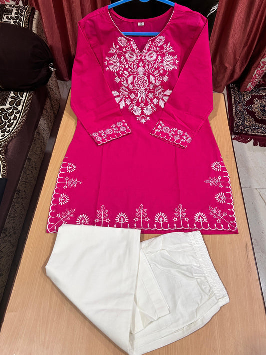 Pink Cotton Embroidered Co-ord Set | Kurti & Palazzo