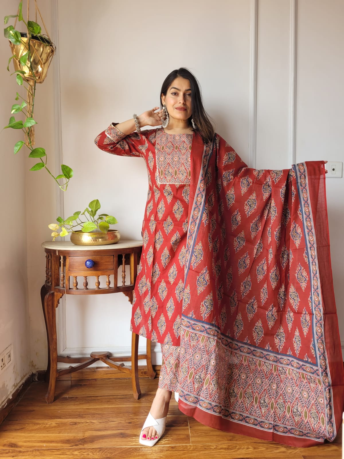 Rust Red Hand Block Printed Cotton Suit for Women