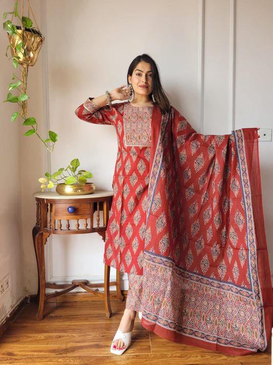 Rust Red Hand Block Printed Cotton Suit for Women