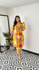 Details:   Cotton Floral Printed Kurta Pants With Lace Detailing On The Neckline and Cuffs.

Fabric: Cotton
