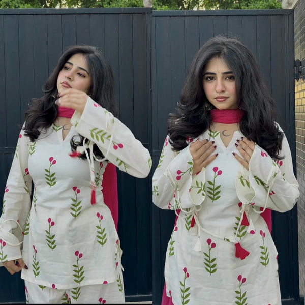 Farshi Style Printed Cotton Kurta Salwar Set with Dupatta – White & Pink