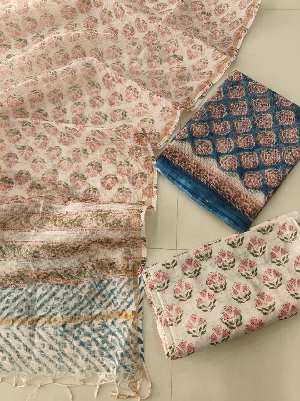 White Pink Buti Hand Block Print Kota Doriya Suit (BFFKO70)