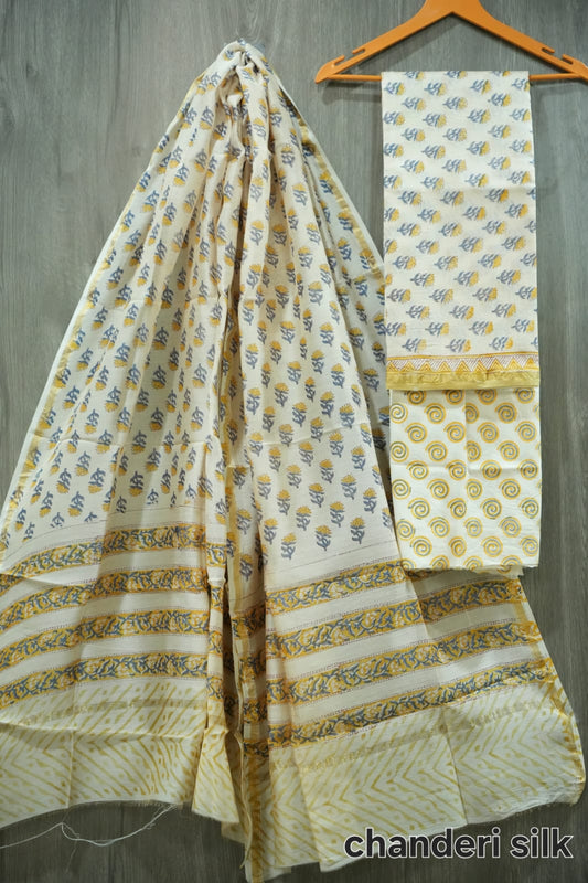 White & Yellow Sunflower Butti Hand Block Print Chanderi Silk Dress Material  (BFCHS28)