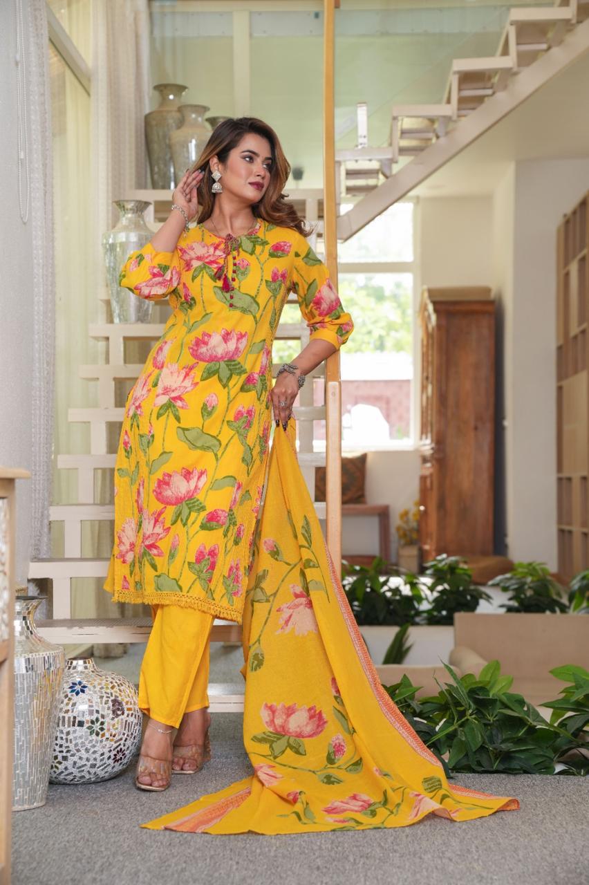 *New lounch *

*White Love.......*

*This A-line pant set is perfect for the summer season with its vibrant floral print and confident  , the included matching dupatta completes the look and adds an extra touch of style.*