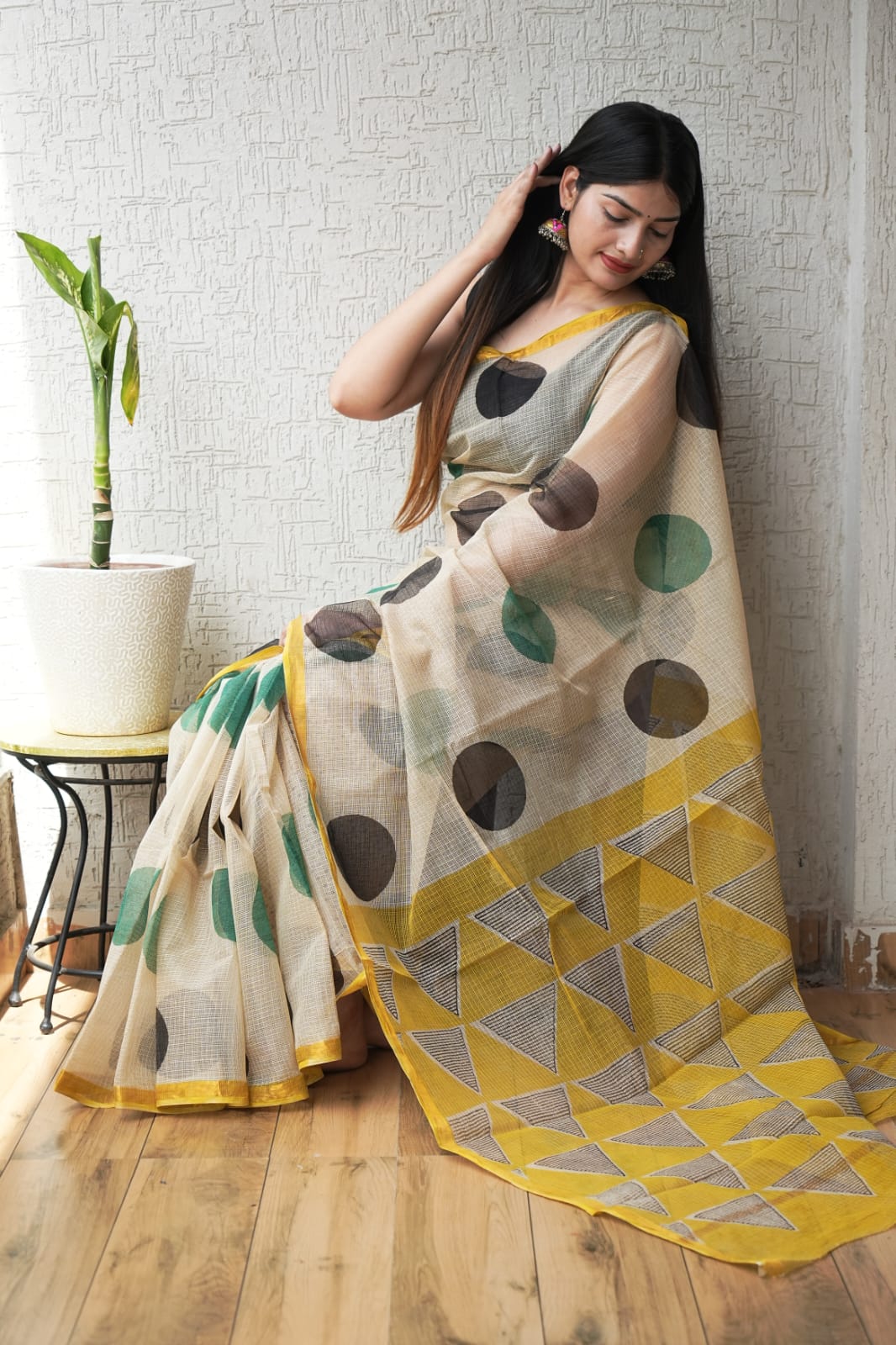 Cream Off-White Kota Doriya Saree | Polka Dot Hand Block Print  (BFKS55)