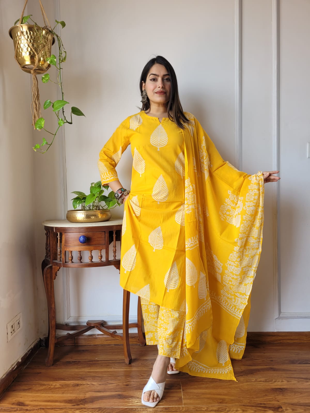 Sunshine Yellow Hand Block Printed Cotton Suit for Women