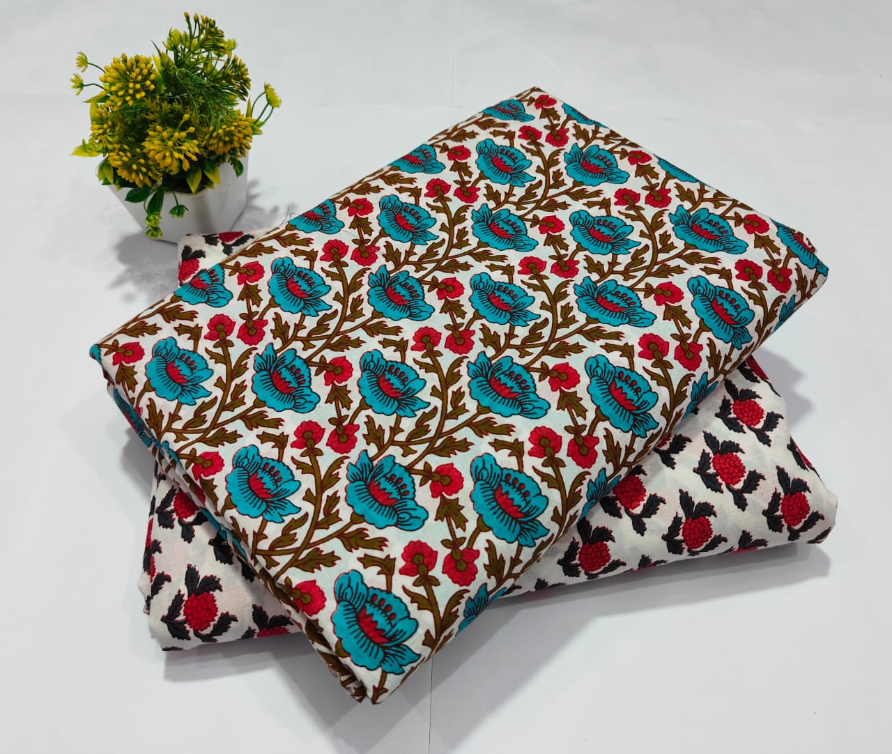 White Cotton Fabric with Blue Red Floral Print  (BFTB05)
