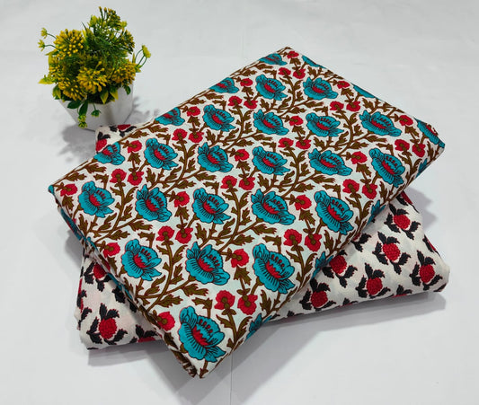 White Cotton Fabric with Blue Red Floral Print  (BFTB05)