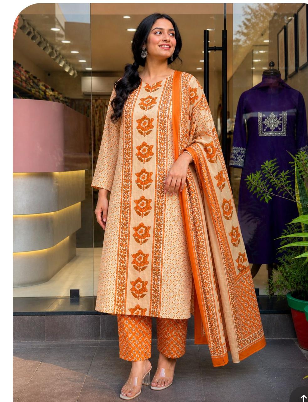 Beige & Orange Floral Print Cotton Kurti Set with Sequence Work