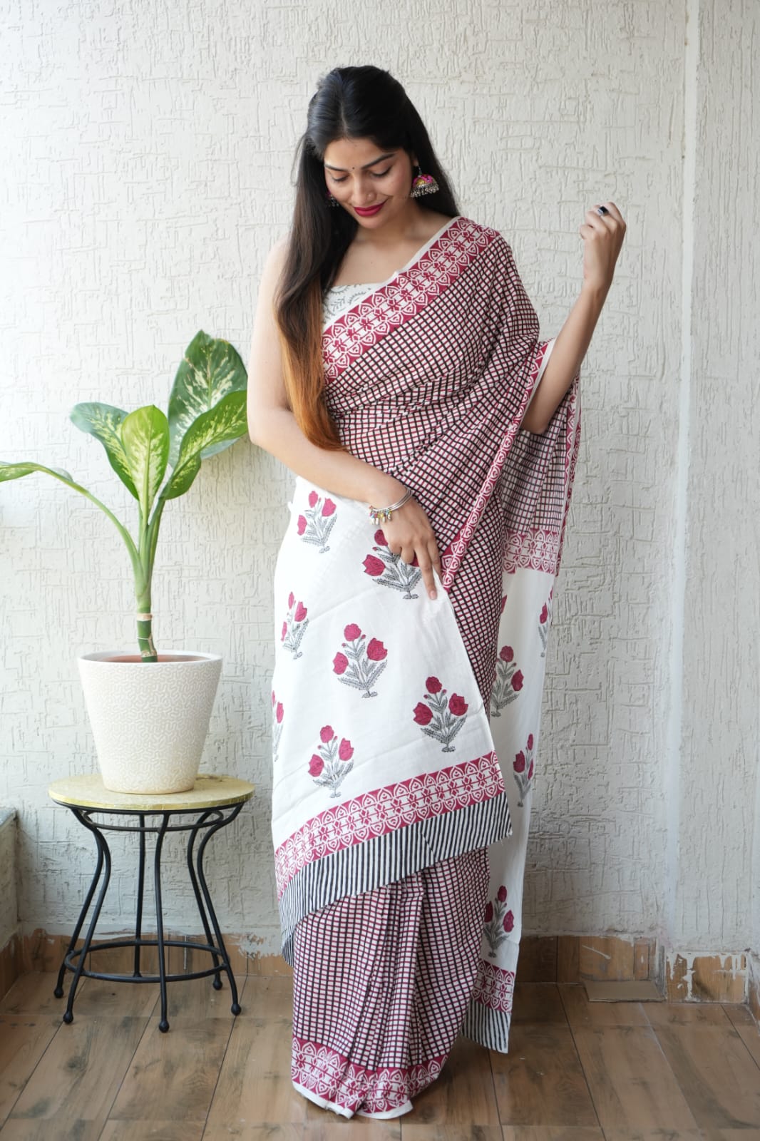 White Red Hand Block Printed Cotton Saree with Blouse | Traditional Cotton Saree  (BFCS69)