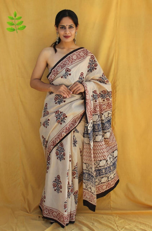 Traditional Authentic Hand Block Printed Pure Organic Cotton Sarees With matching Blouse