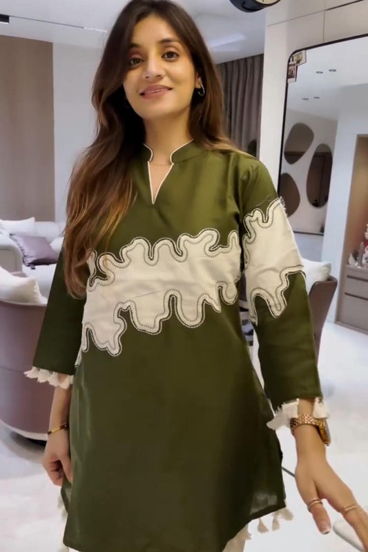 Olive Green Cotton Shirt with Embroidered Jute Jacket & Pant Set