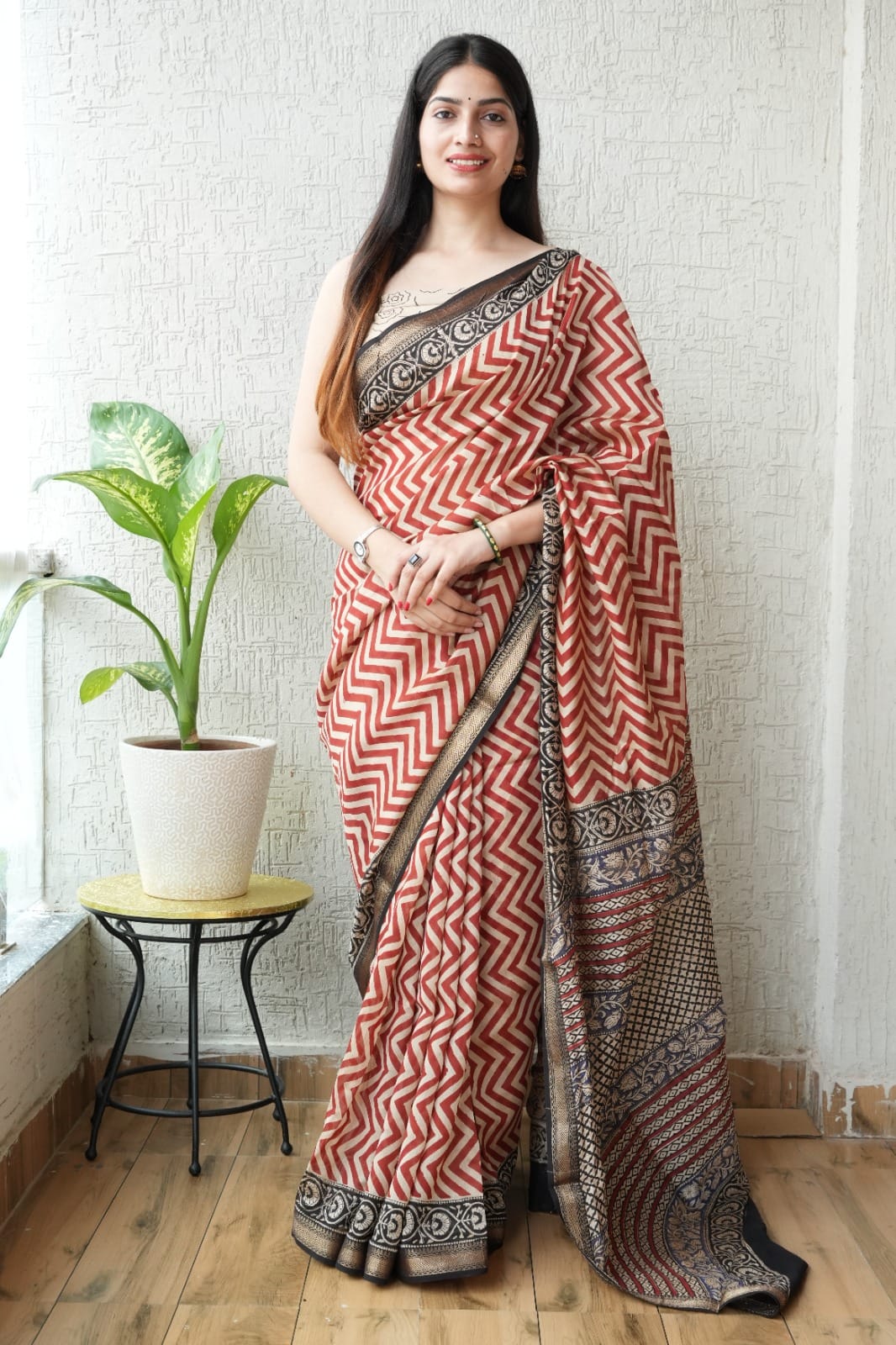 New Designer Hand Block Print Maheshwari Silk Saree (BFMSARE11)