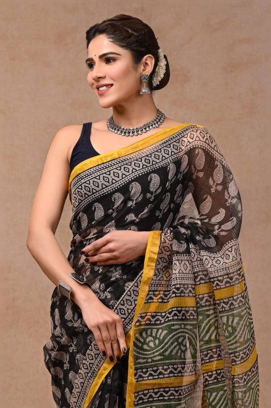 Black Kota Doriya Saree | Paisley Boota Hand Block Print (BFKS61)
