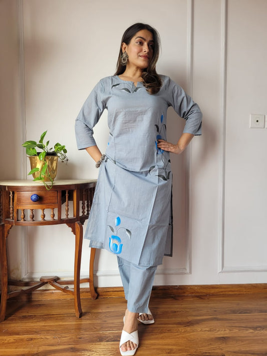 Grey Floral Cotton Kurta Pant Set for Women | Stylish Ethnic Summer Outfit