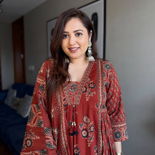 Red Ajrakh Print Anarkali Suit Set for Women