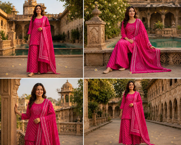 Rani Pink Lahriya Bandhej Cotton Kurti Palazzo Set