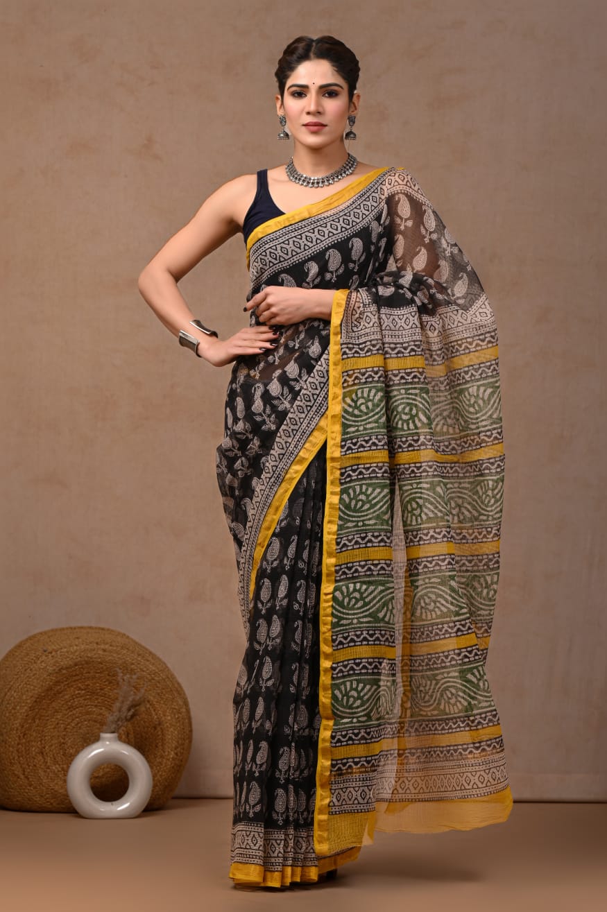 Black Kota Doriya Saree | Paisley Boota Hand Block Print (BFKS61)
