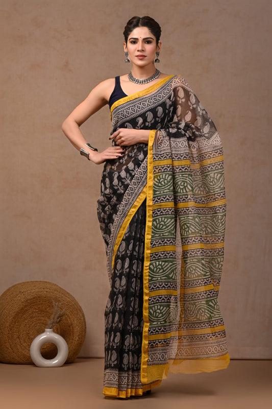 Black Kota Doriya Saree | Paisley Boota Hand Block Print (BFKS61)