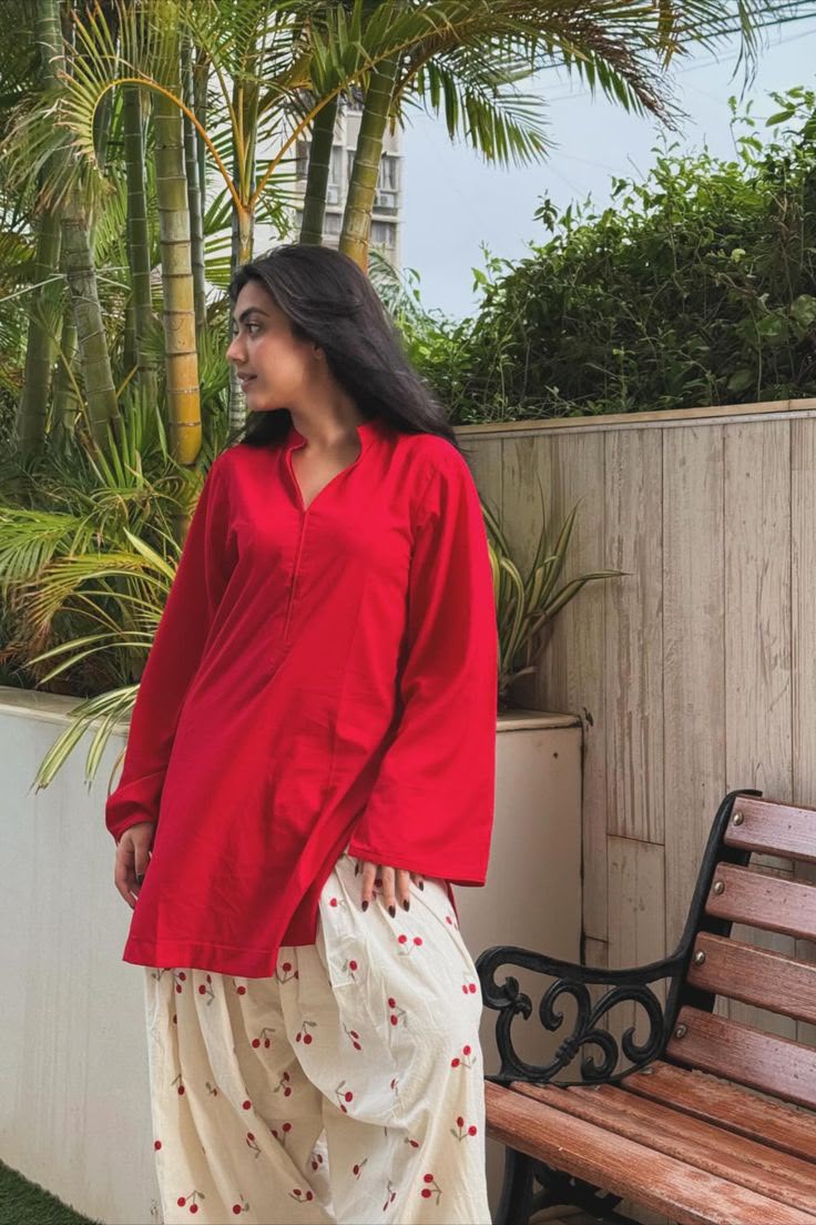 Red Cotton Kurti with Cherry Print Palazzo Co-ord Set