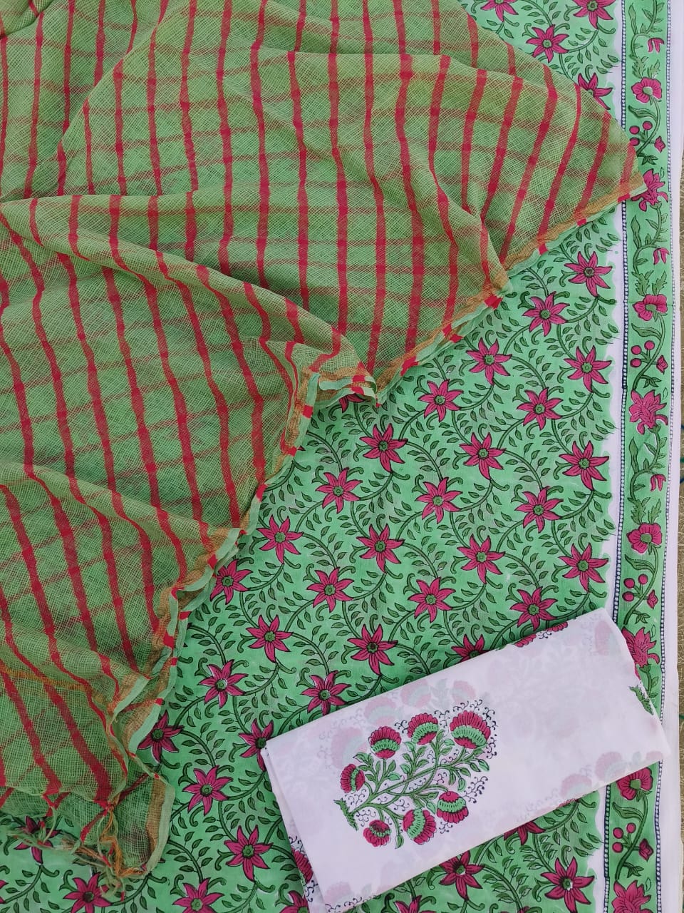 Premium Sanganeri Printed Cotton Suit With Kota Doria Duppta(BFCOTKD37)