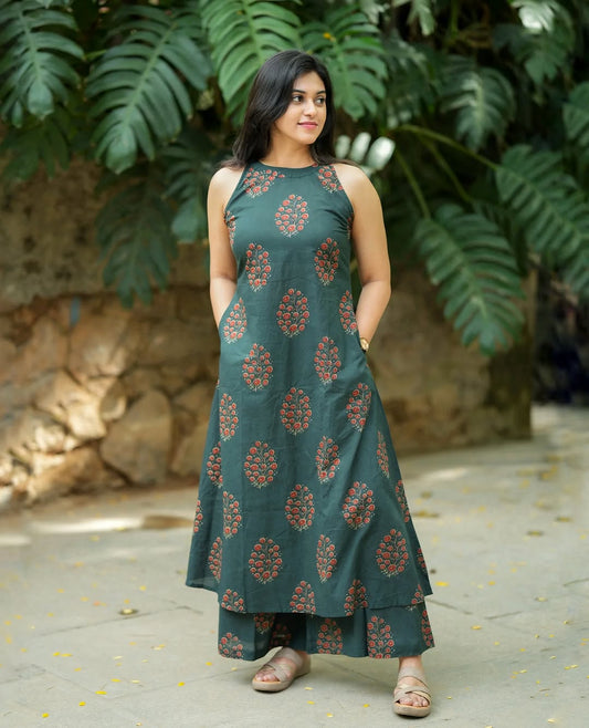 Green Floral Printed Cotton Kurta Palazzo Set for Women | A-Line Halter Neck Festive Wear