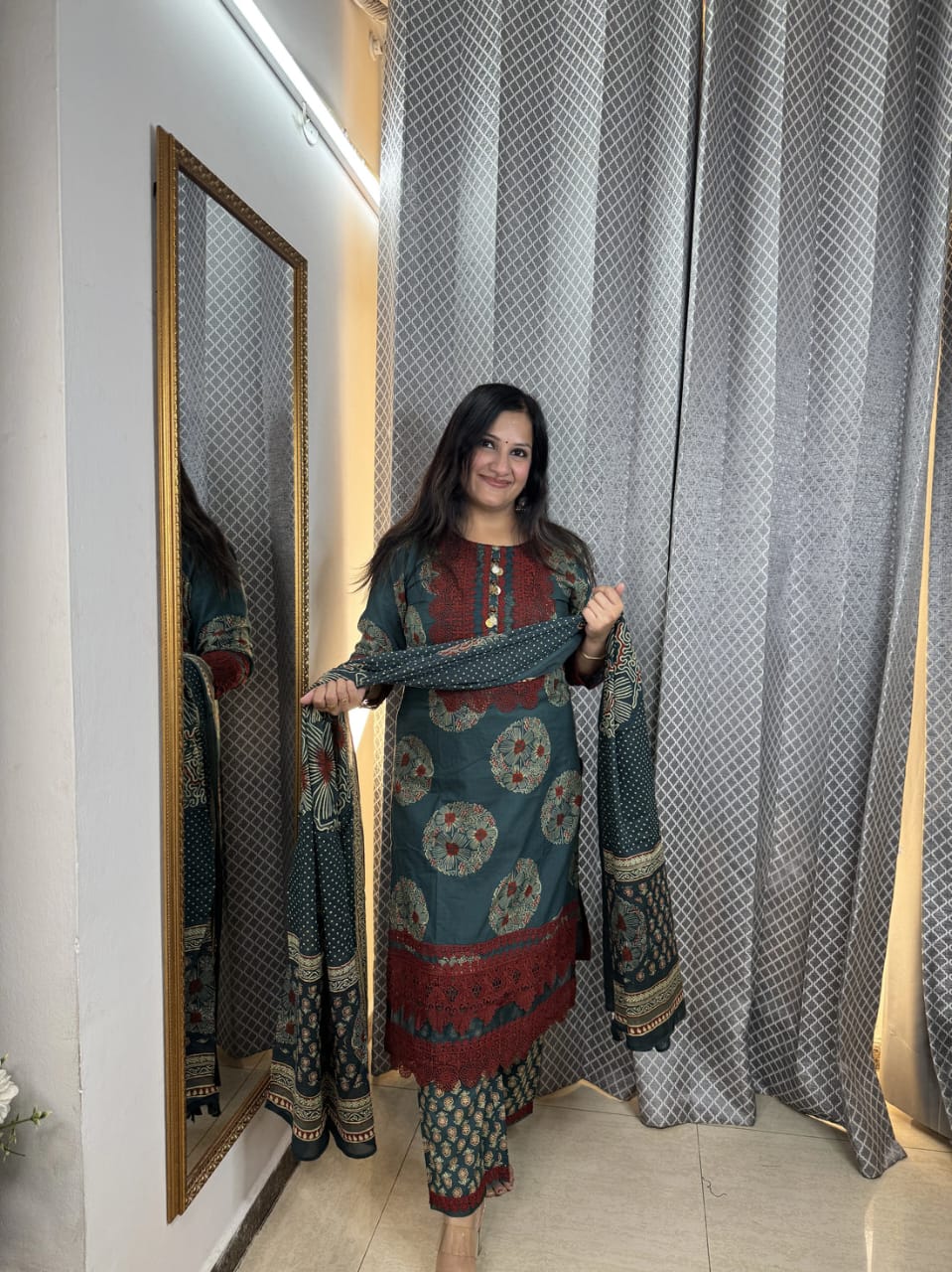 Teal Green Floral Digital Print Cotton Suit Set for Women