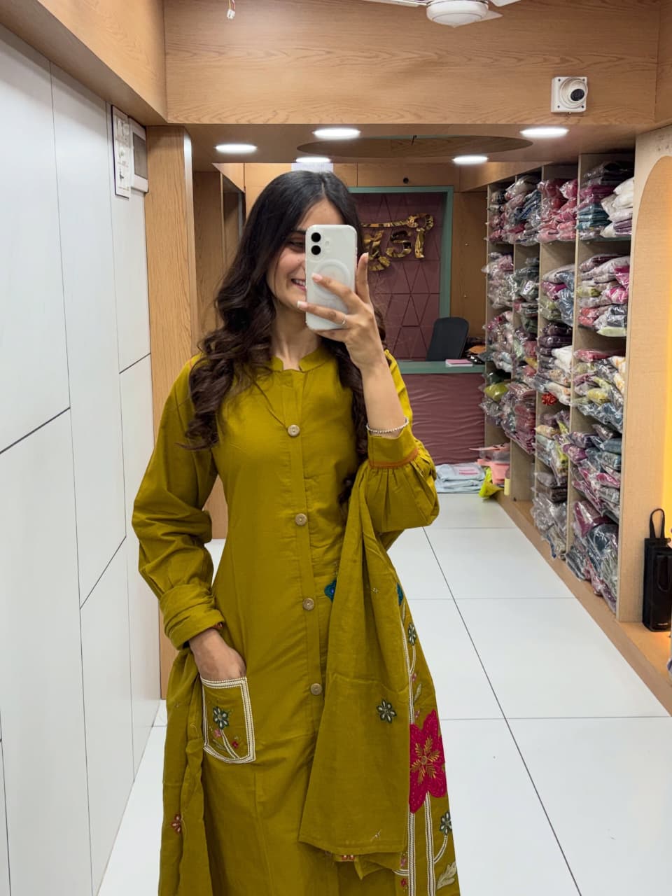 Mustard Green Cotton Kurta Pant Dupatta Set | Embroidered A-Line Suit for Women