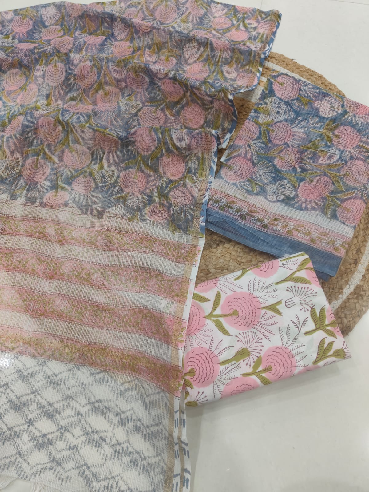 Blue Pink Floral Printed kota doriya Suit Set (MVFKO39)