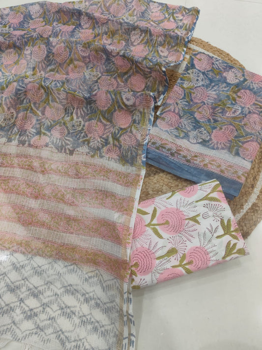 Blue Pink Floral Printed kota doriya Suit Set (MVFKO39)