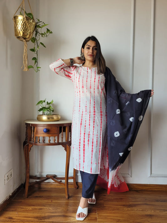 White & Red Shibori Tie-Dye Cotton Suit for Women