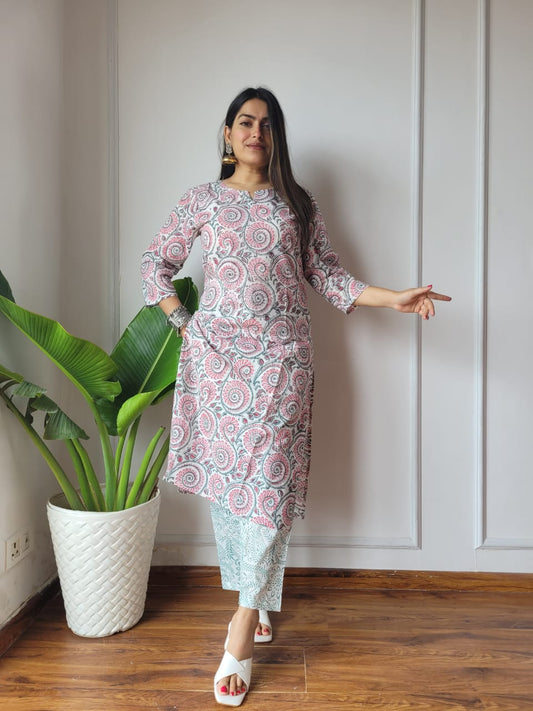 Grey Printed Cotton Kurti Pant Set for Women | Elegant Ethnic Wear