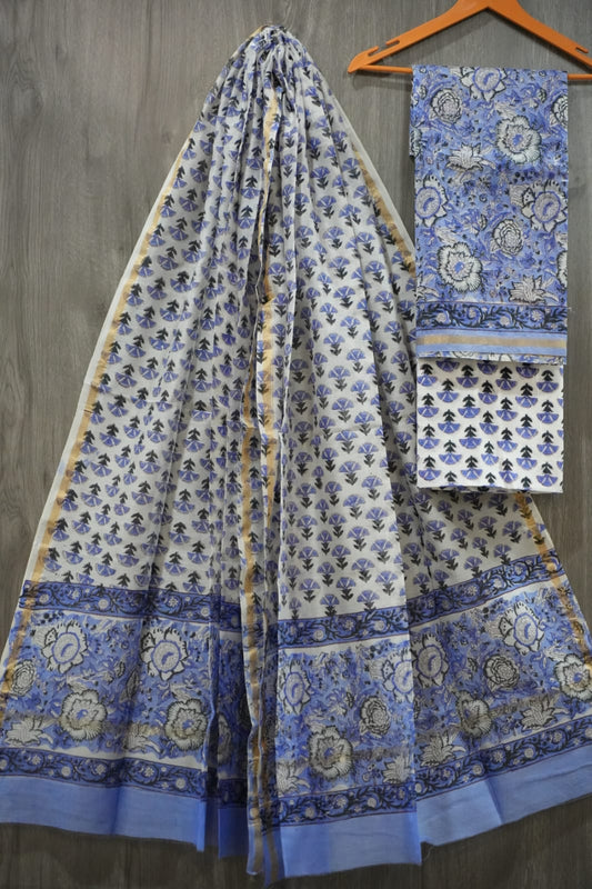 Periwinkle Blue & White Floral Butti Hand Block Print Chanderi Silk Dress Material (BFCHS42)