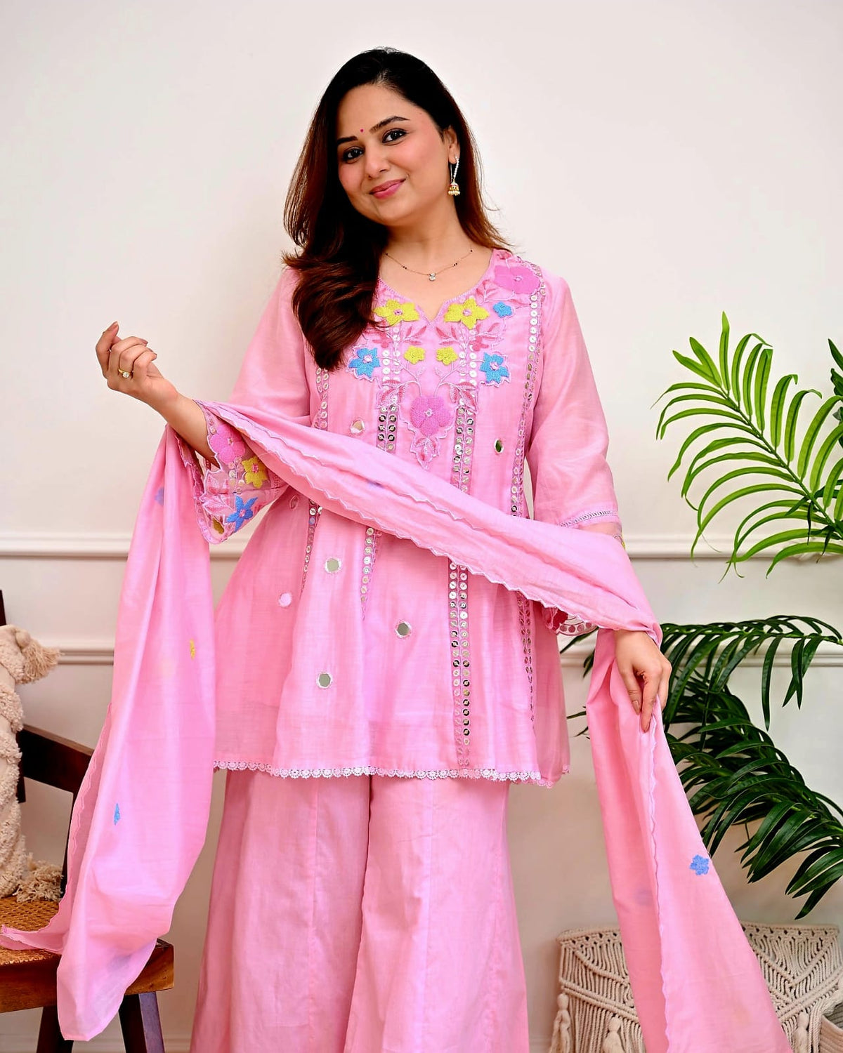 Baby Pink Embroidered Cotton Kurti Palazzo Set with Dupatta