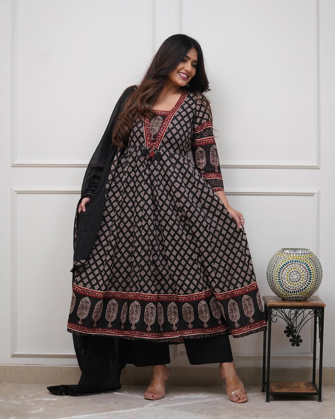 Black Cotton Anarkali Kurta Set | Block Print Flared Suit with Dupatta