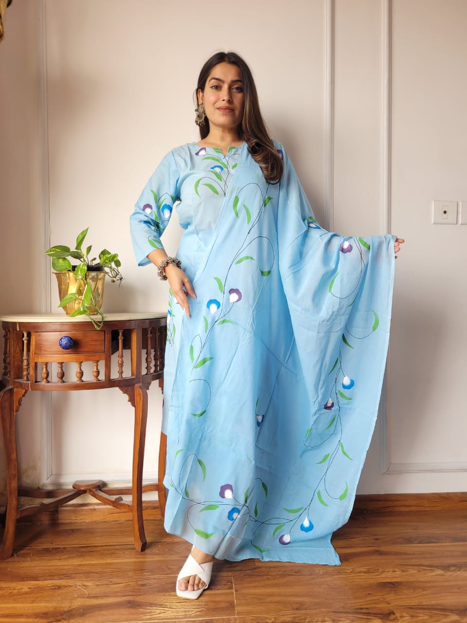 Peach Floral Cotton Suit with Dupatta for Women