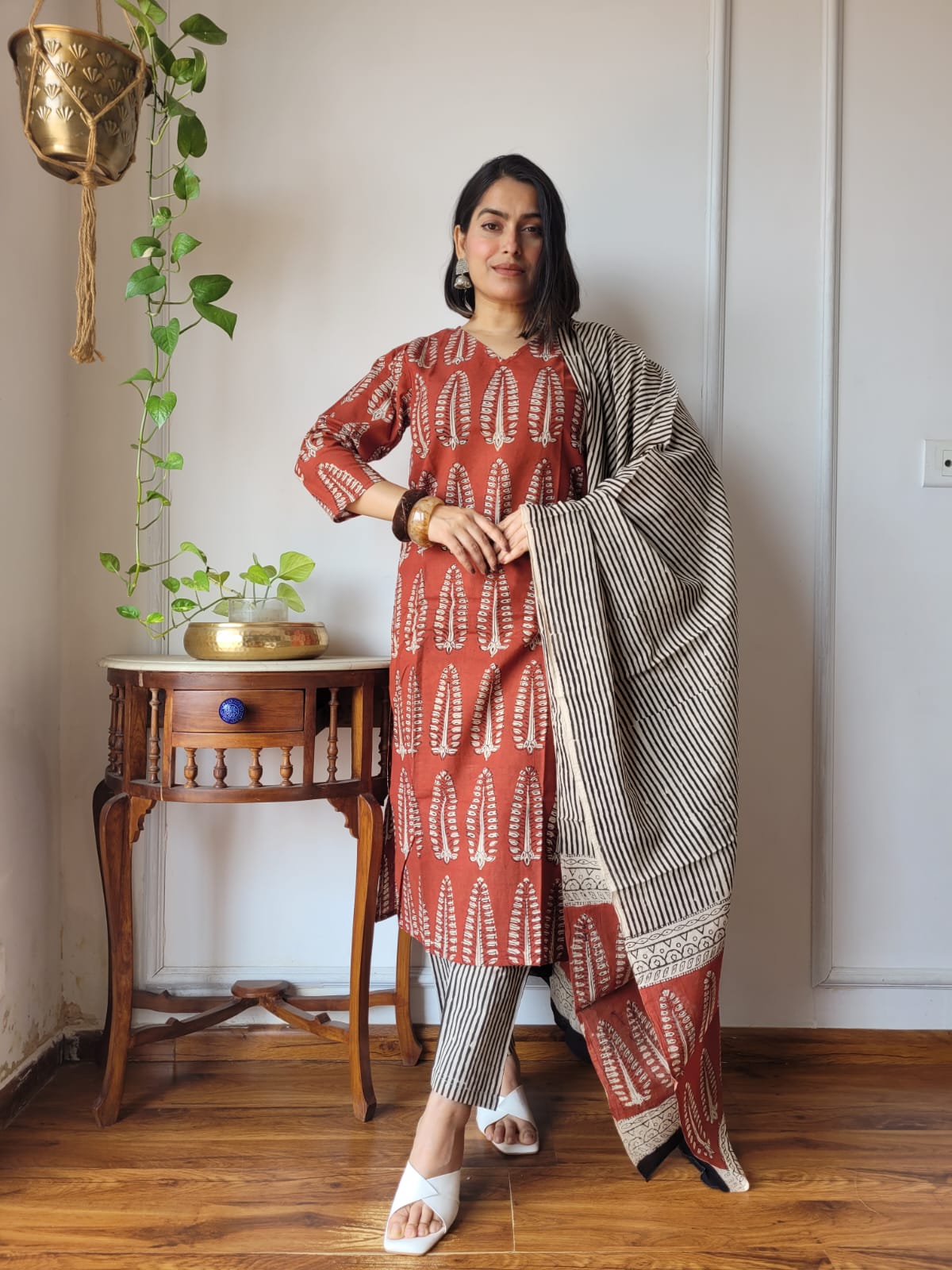 Terracotta Hand Block Printed Cotton Suit for Women